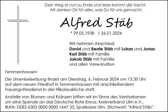 Traueranzeige von Alfred Stäb von SÜDWEST PRESSE Ausgabe Ulm/Neu-Ulm