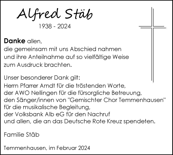 Traueranzeige von Alfred Stäb von SÜDWEST PRESSE Ausgabe Ulm/Neu-Ulm