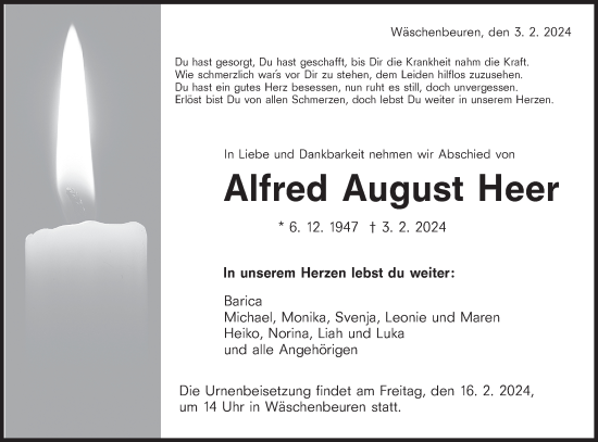 Traueranzeige von Alfred August Heer von NWZ Neue Württembergische Zeitung