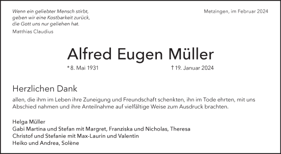 Traueranzeige von Alfred Eugen Müller von SÜDWEST PRESSE/SÜDWEST PRESSE