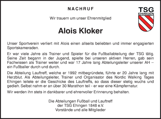 Traueranzeige von Alois Kloker von Ehinger Tagblatt