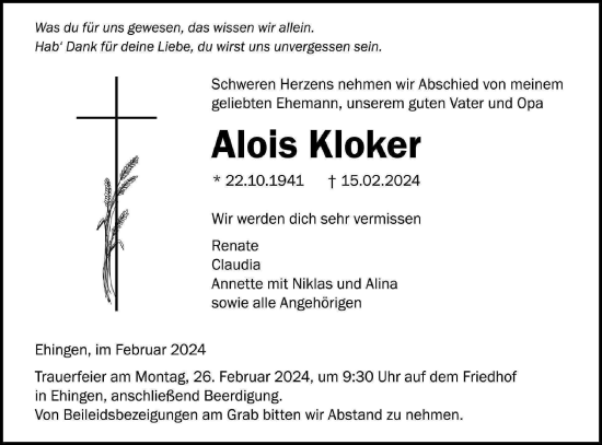 Traueranzeige von Alois Kloker von Ehinger Tagblatt