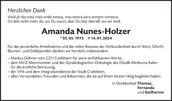 Traueranzeige von Amanda Nunes-Holzer von Hohenloher Tagblatt