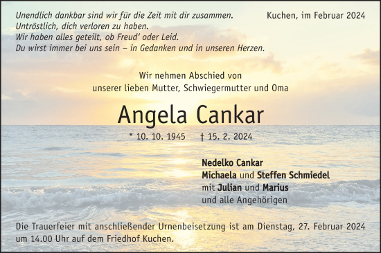 Traueranzeige von Angela Cankar von Geislinger Zeitung