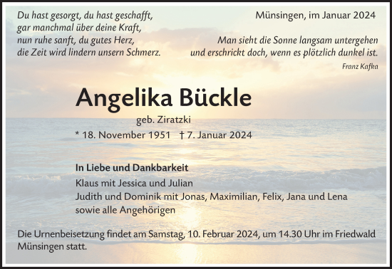 Traueranzeige von Angelika Bückle von Alb-Bote/Metzinger-Uracher Volksblatt