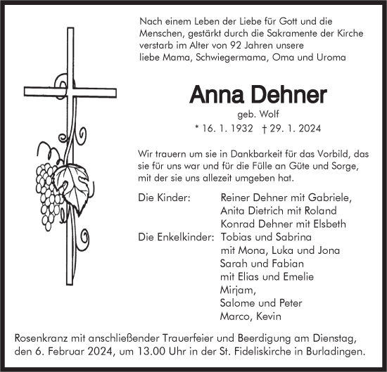 Traueranzeige von Anna Dehner von Hohenzollerische Zeitung