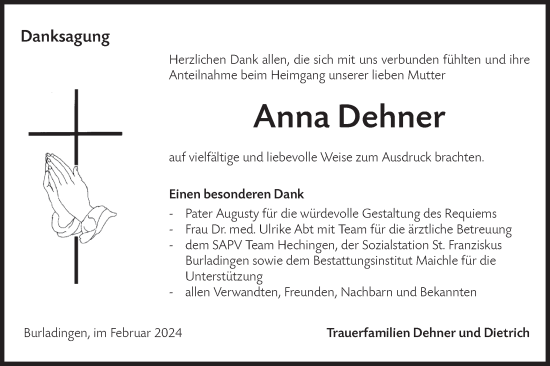 Traueranzeige von Anna Dehner von Hohenzollerische Zeitung