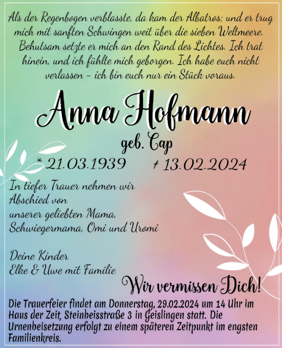 Traueranzeige von Anna Hofmann von Geislinger Zeitung