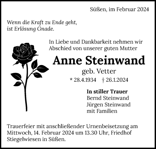 Traueranzeige von Anne Steinwand von NWZ Neue Württembergische Zeitung