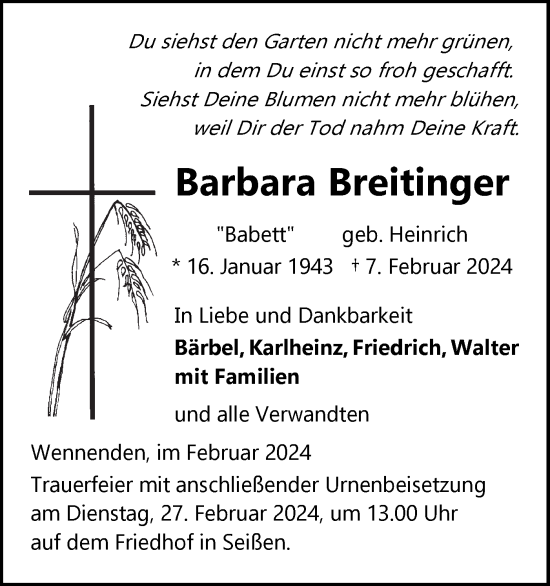 Traueranzeige von Barbara Breitinger von SÜDWEST PRESSE Ausgabe Ulm/Neu-Ulm