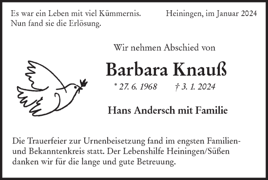 Traueranzeige von Barbara Knauß von NWZ Neue Württembergische Zeitung