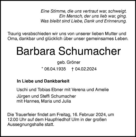 Traueranzeige von Barbara Schumacher von SÜDWEST PRESSE Ausgabe Ulm/Neu-Ulm