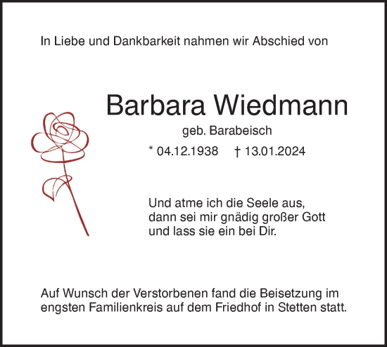 Traueranzeige von Barbara Wiedmann von SÜDWEST PRESSE Ausgabe Ulm/Neu-Ulm