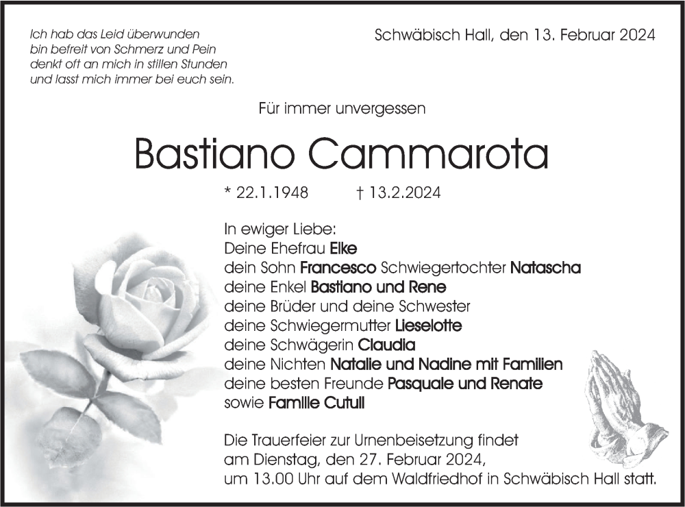  Traueranzeige für Bastiano Cammarota vom 23.02.2024 aus Haller Tagblatt