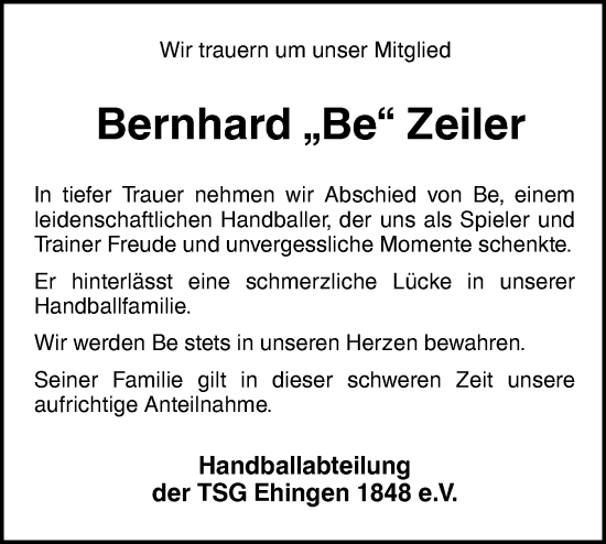 Traueranzeige von Bernhard Zeller von Ehinger Tagblatt