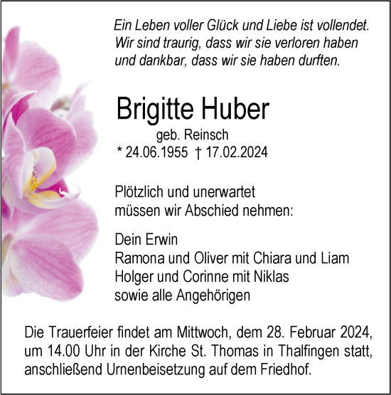 Traueranzeige von Brigitte Huber von SÜDWEST PRESSE Ausgabe Ulm/Neu-Ulm