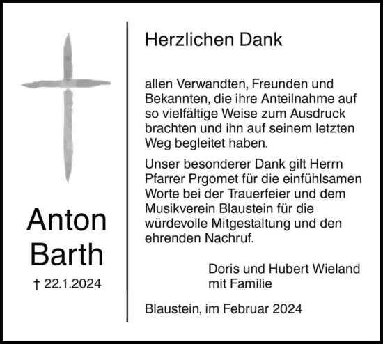 Traueranzeige von Anton Barth von SÜDWEST PRESSE Ausgabe Ulm/Neu-Ulm