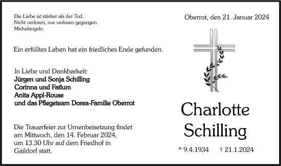 Traueranzeige von Charlotte Schilling von Rundschau Gaildorf