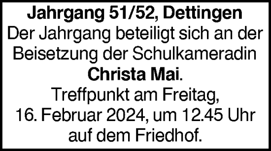 Traueranzeige von Christa Mai von Alb-Bote/Metzinger-Uracher Volksblatt