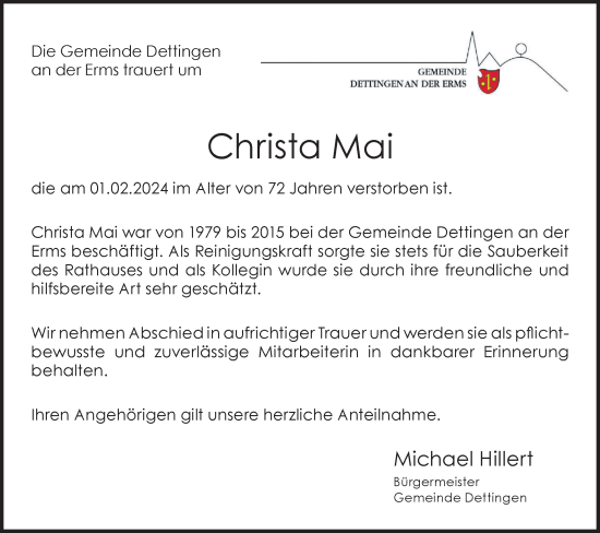 Traueranzeige von Christa Mai von SÜDWEST PRESSE/SÜDWEST PRESSE