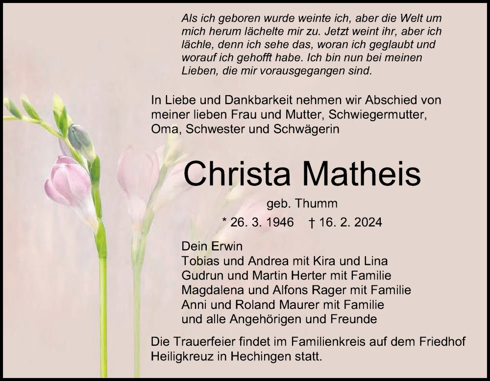  Traueranzeige für Christa Matheis vom 21.02.2024 aus Hohenzollerische Zeitung