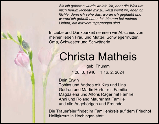 Traueranzeige von Christa Matheis von Hohenzollerische Zeitung