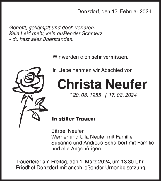 Traueranzeige von Christa Neufer von NWZ Neue Württembergische Zeitung