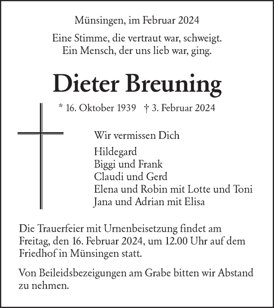 Traueranzeige von Dieter Breuning von Alb-Bote/Metzinger-Uracher Volksblatt