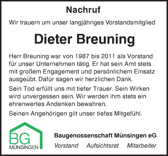 Traueranzeige von Dieter Breuning von Alb-Bote/Metzinger-Uracher Volksblatt