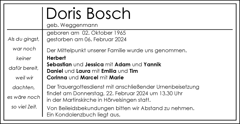  Traueranzeige für Doris Bosch vom 19.02.2024 aus SÜDWEST PRESSE Ausgabe Ulm/Neu-Ulm