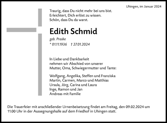 Traueranzeige von Edith Schmid von NWZ Neue Württembergische Zeitung