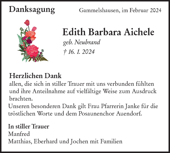 Traueranzeige von Edith Barbara Aichele von NWZ Neue Württembergische Zeitung/Geislinger Zeitung