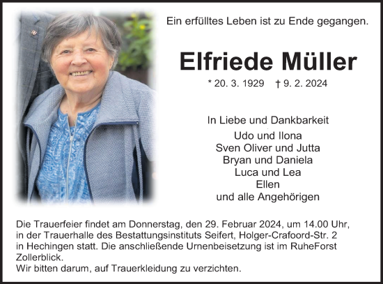 Traueranzeige von Elfriede Müller von Hohenzollerische Zeitung