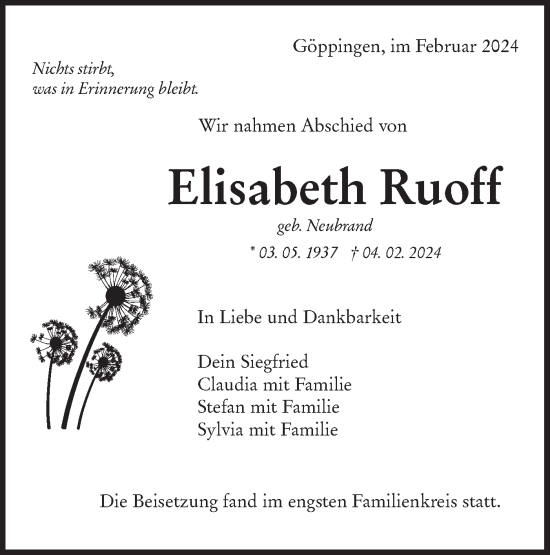 Traueranzeige von Elisabeth Ruoff von NWZ Neue Württembergische Zeitung