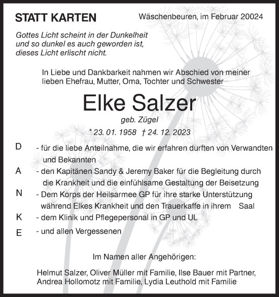 Traueranzeige von Elke Salzer von NWZ Neue Württembergische Zeitung