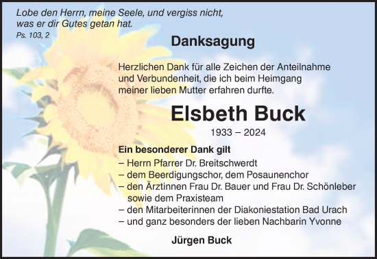 Traueranzeige von Elsbeth Buck von Alb-Bote/Metzinger-Uracher Volksblatt