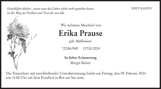 Traueranzeige von Erika Prause von Hohenloher Tagblatt