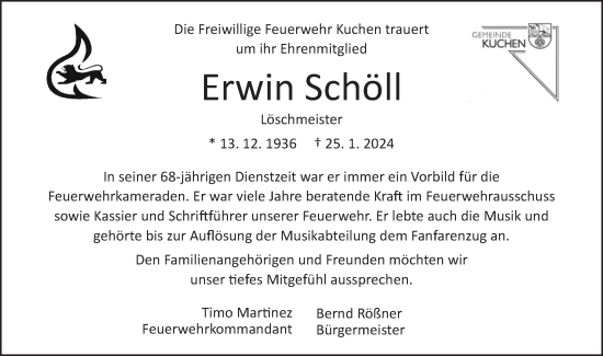 Traueranzeige von Erwin Schöll von Geislinger Zeitung