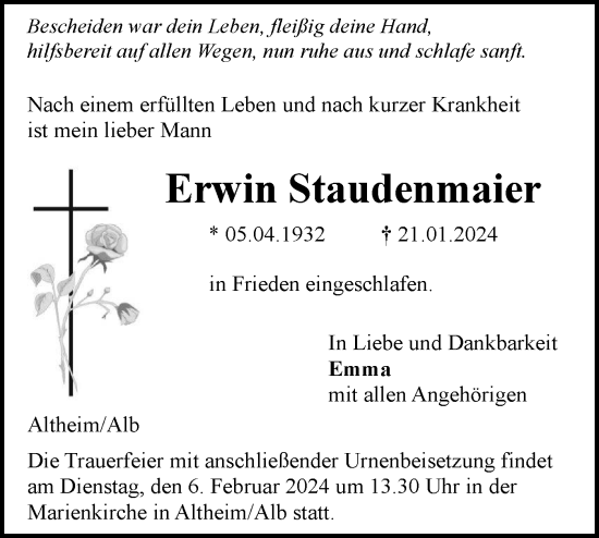 Traueranzeige von Erwin Staudenmaier von SÜDWEST PRESSE Ausgabe Ulm/Neu-Ulm