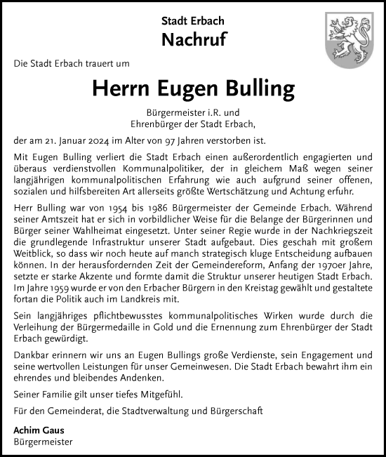 Traueranzeige von Eugen Bulling von SÜDWEST PRESSE Ausgabe Ulm/Neu-Ulm