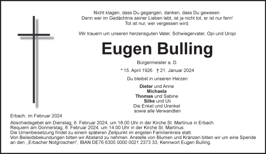 Traueranzeige von Eugen Bulling von SÜDWEST PRESSE Ausgabe Ulm/Neu-Ulm