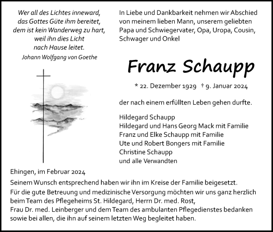 Traueranzeige von Franz Schaupp von Ehinger Tagblatt