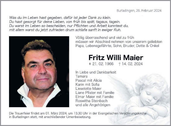 Traueranzeige von Fritz Willi Maier von Hohenzollerische Zeitung