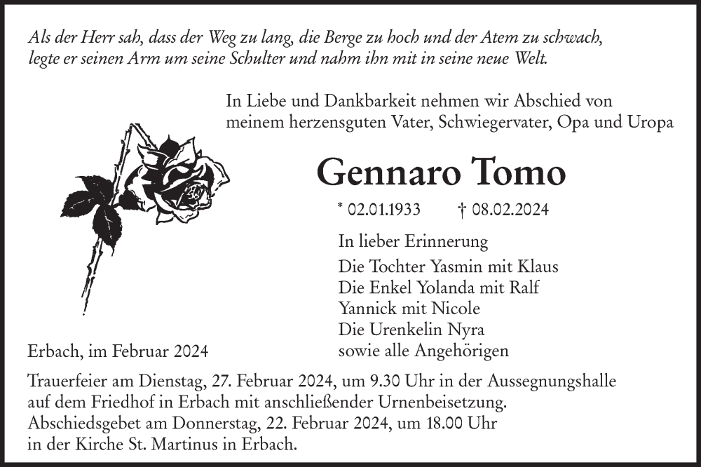  Traueranzeige für Gennaro Tomo vom 21.02.2024 aus SÜDWEST PRESSE Ausgabe Ulm/Neu-Ulm