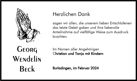 Traueranzeige von Georg Wendelin Beck von Hohenzollerische Zeitung