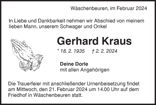 Traueranzeige von Gerhard Kraus von NWZ Neue Württembergische Zeitung