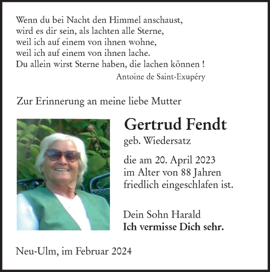 Traueranzeige von Gertrud Fendt von SÜDWEST PRESSE Ausgabe Ulm/Neu-Ulm