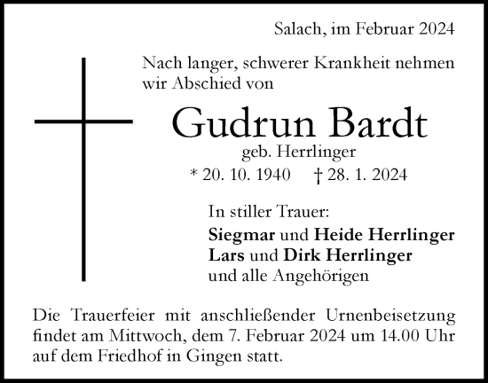 Traueranzeige von Gudrun Bardt von Geislinger Zeitung