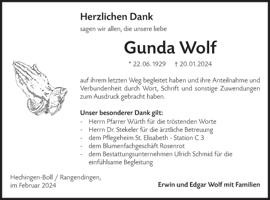 Traueranzeige von Gunda Wolf von Hohenzollerische Zeitung