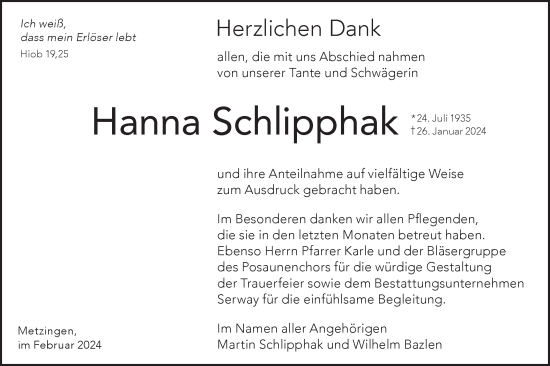 Traueranzeige von Hanna Schlipphak von SÜDWEST PRESSE/SÜDWEST PRESSE